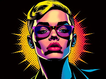 In the style of vibrant pop art inspired illustration with bold colors and comic book aesthetics, create an image based on: . Utilize elements of high-contrast stylized portraiture and retro-modern design with halftone patterns