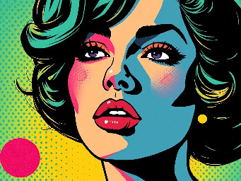 In the style of vibrant pop art inspired illustration with bold colors and comic book aesthetics, create an image based on: . Utilize elements of high-contrast stylized portraiture and retro-modern design with halftone patterns